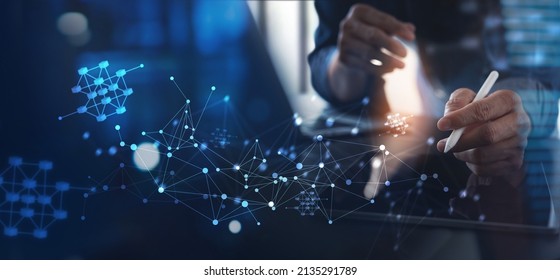 Blockchain technology, digital block chain and future network concept. Man using digital tablet with internet network connection and encrypted block, innovative technology background.