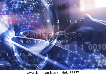 Blockchain technology, digital software  development, tech of future concept. Coding programmer, software developer working on digital tablet, laptop with binary, computer code, big data interface