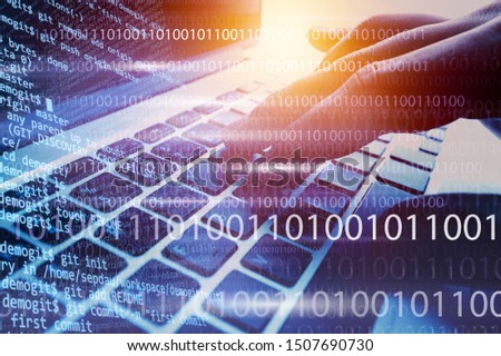 Blockchain technology, digital software  development, IoT concept. Coding programmer, software developer working on smart phone, laptop with binary, computer code, big data on technology background