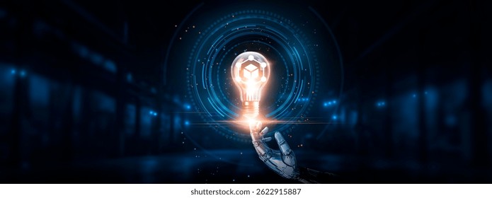 Blockchain technology: distributed ledger, cryptographic security, hand of robotic holding glowing blockchain in light bulb on big data processing, transparency, innovation and technology.