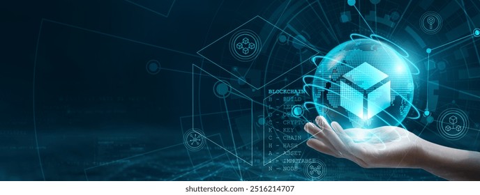 Blockchain technology. Hand holding a globe with a network connecting data, showcasing the power of digital technology, with blockchain being a key component driving secure, decentralized transactions