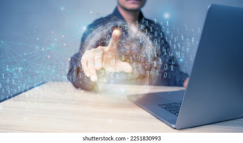 Blockchain technology and blockchain network business banner ideas Global cryptocurrency blockchain title. Blockchain title side view with 0's and 1's flying on top. image of investors