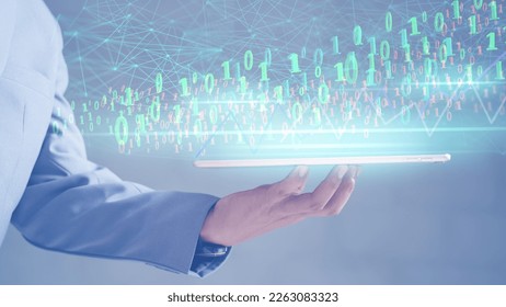 Blockchain technology and blockchain network business banner ideas Global cryptocurrency blockchain title. Blockchain title side view with 0's and 1's flying on top. image of investors