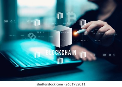 Blockchain technology and security concept. technology Internet and the network with icons network connection on blue security and digital connection background