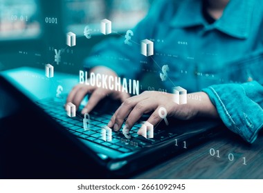 Blockchain technology and security concept. technology Internet and the network with icons network connection on blue security and digital connection background