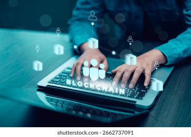 Blockchain technology and security concept. technology Internet and the network with icons network connection on blue security and digital connection background