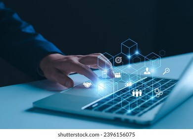 Blockchain technology transaction concept. Businessman use laptop on blockchain global networking, data network connect, Internet cyber security binary coded. Crypto chain, blockchain technology.