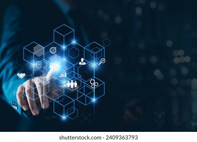 Blockchain technology transaction concept. Businessman use laptop on blockchain global networking, data network connect, Internet cyber security binary coded. Crypto chain, blockchain technology.