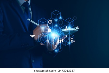 Blockchain technology transaction concept. Businessman use laptop on blockchain global networking, data network connect, Internet cyber security binary coded. Crypto chain, blockchain technology.