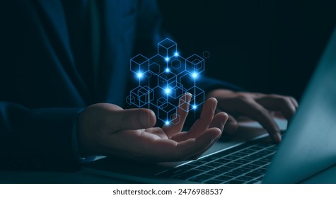 Blockchain technology transaction concept. Businessman use laptop on blockchain global networking, data network connect, Internet cyber security binary coded. Crypto chain, blockchain technology.