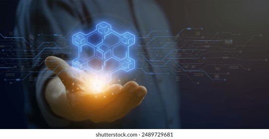 Blockchain technology transaction concept for blockchain global networking, data network connect, internet cyber security binary coded, crypto chain. Blockchain icon on virtual screen.