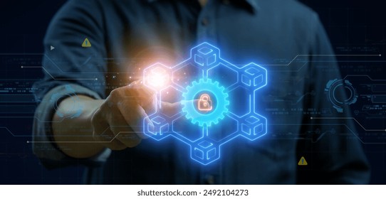 Blockchain technology transaction concept for blockchain global networking, data network connect, internet cyber security binary coded, crypto chain. Blockchain icon on virtual screen.