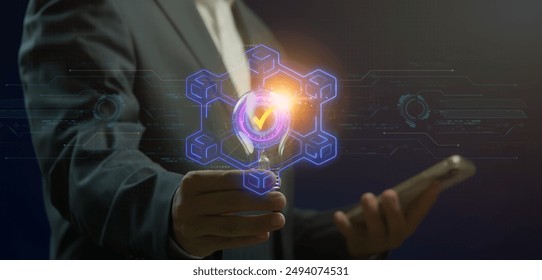 Blockchain technology transaction concept for blockchain global networking, data network connect, internet cyber security binary coded, crypto chain. Blockchain icon on virtual screen.