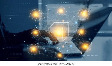 Blockchain technology transactions and digital currency .Businessman touching futuristic blockchain data network.Blockchain technology concept.