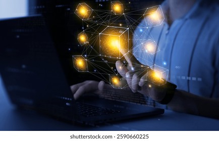 Blockchain technology transactions and digital currency .Businessman touching futuristic blockchain data network.Blockchain technology concept.
