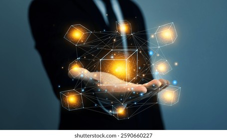 Blockchain technology transactions and digital currency .Businessman touching futuristic blockchain data network.Blockchain technology concept.