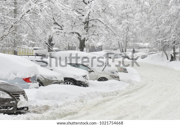 Blocked cars after heavy snow\
storm.Covered by snow cars after heavy snowfall at the\
parking.