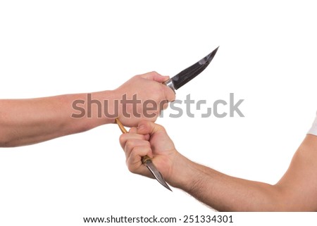 Blocking arms with a knife. Isolated on a white background.