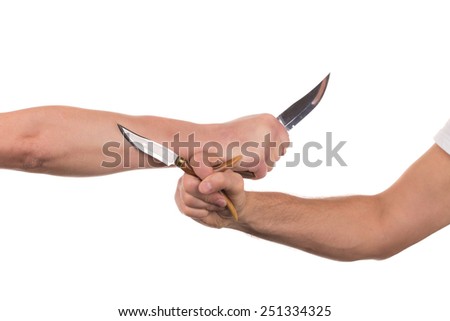 Blocking arms with a knife. Isolated on a white background.