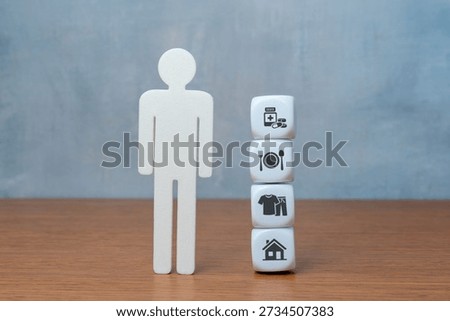 Blocks with basic human needs icons symbolizing shelter, clothes, food, and medicine beside a human figure. Essential life requirements, human rights, and social welfare concept.
