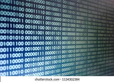 blocks of binary data. Blockchain concept. blue background with computer digital binary code bit number one and zero text. selective focus on the far end of the computer display out of focus in front.