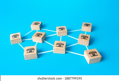 Blocks with retail shops connected by lines form network business company. Franchising concept. Business franchise. Coverage and close availability. Logistics and supply. Commercial association. - Shutterstock ID 1887799195