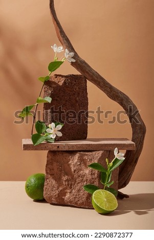 Blocks of stone are stacked with a rectangle podium, arranged with flowers, tree branch and a half of Lime. Empty space to display cosmetic product extracted from Lime (Citrus aurantiifolia)