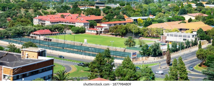 Bloemfontein, Free State, South Africa - Dec. 18 2020:  A Secondary School For Girls In Bloemfontein, Free State, South Africa.  Sport Fields And The Historic Buildings Are Evident On This Panorama.