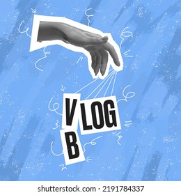 Blog Or Vlog. Difference. Human Hand Offers To Make A Choice Between Two Words. Concept Of Choice, Rights, Purpose And Meaning Of Life. Aesthetic Of Hands. Magazine Style Poster