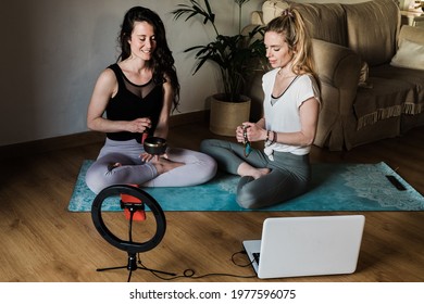 Blogger Yoga Teacher People Streaming Online Meditation Class At Home - Healthy Lifestyle