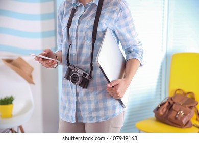 Blogging Concept. Woman Carrying A Laptop.