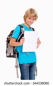 Blond Boy In Front Of White Background With Good Report Card