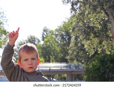 The Blond Boy Furrowed His Brows And Raised His Hand. Displeased Five-year-old Boy In The Rays Of Sunlight.