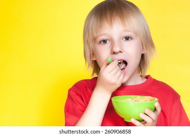 Blond Boy Kid Child Eating Corn Flakes Cereal