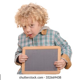 blond child with empty slate to put words on a white background