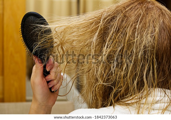 blond combing wet and tangled\
hair. Young woman combing her tangled hair after shower,\
close-up.