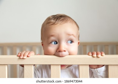 Blond Cute Little Baby Biting Wooden Bed Headboard