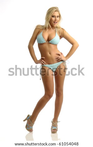 Blond girl in a bikini on a white background