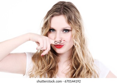 Blond Girl With Mustache Painted On Finger