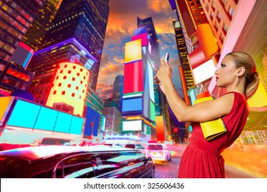 Blond Girl Red Dress Selfie Photo In Times Square Of New York Photomount