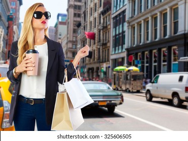 Blond Girl Shopaholic In Manhattan Soho New York Shopping With Coffee Photomount