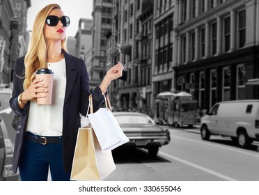 Blond Girl Shopaholic In Manhattan Soho New York Shopping With Coffee Photomount