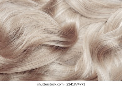 Blond hair close-up as a background. Women's long blonde hair. Beautifully styled wavy shiny curls. Hair coloring. Hairdressing procedures, extension. White hair - Shutterstock ID 2241974991