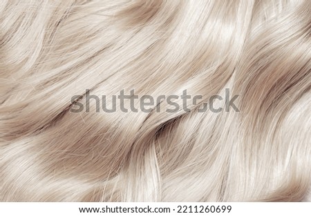 Blond hair close-up as a background. Women's long blonde hair. Beautifully styled wavy shiny curls. Hair coloring. Hairdressing procedures, extension. White hair