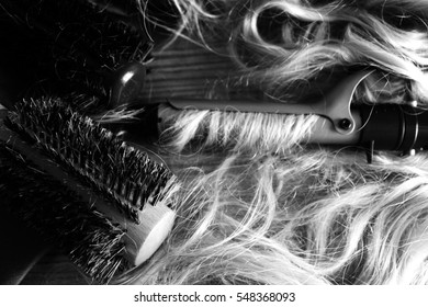 Blond Hair Extension. Hair Dresser. Fur Brushes. White And Black.