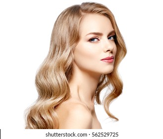 Blond Hair Woman Beauty Skincare Portrait. Age Concept. Spa Salon Girl Woman Perfect Model. Beautiful Long Blonde Hair Hairstyle look. Isolated on a white background. Studio Closeup Face. 