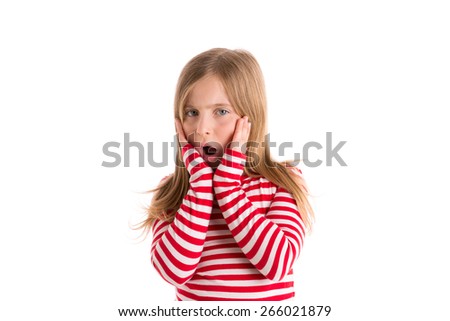 Blond kid girl sad surprised gesture expression gesture hands in face on white