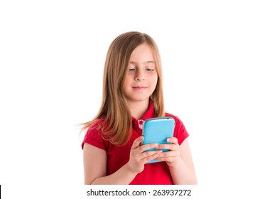 Blond Kid Girl Smiling Writing Fingers Smartphone Phone On White Background