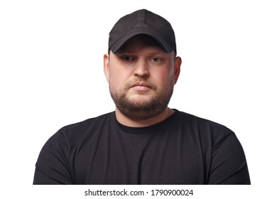 Blond Man In Black Ball Cap On White Background