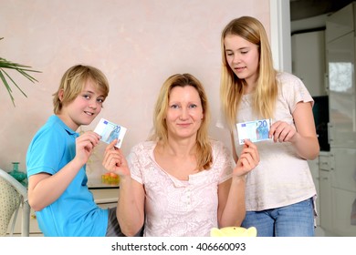 Blond Mother Giving Her Children Pocket Money